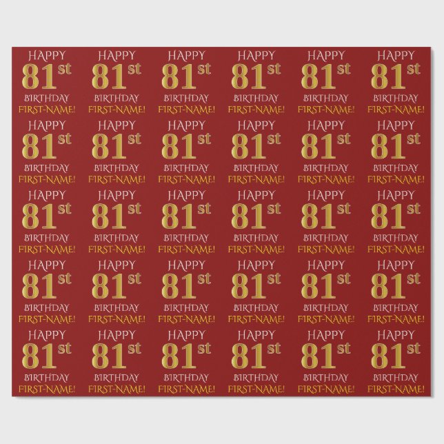 Red, Faux Gold "HAPPY 81st BIRTHDAY" Wrapping Paper (Flat)