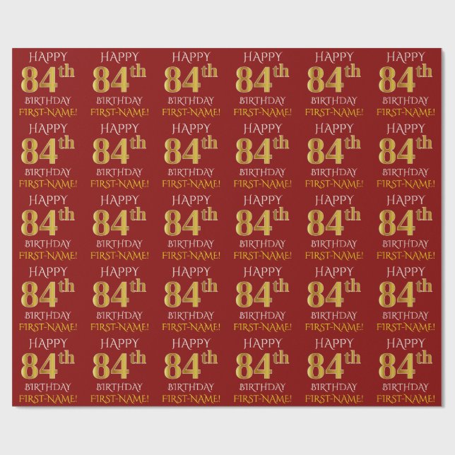 Red, Faux Gold "HAPPY 84th BIRTHDAY" Wrapping Paper (Flat)