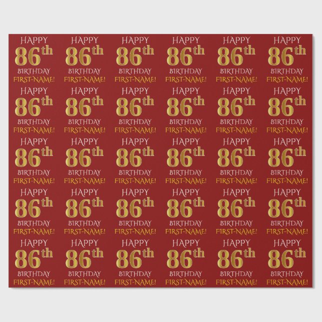 Red, Faux Gold "HAPPY 86th BIRTHDAY" Wrapping Paper (Flat)