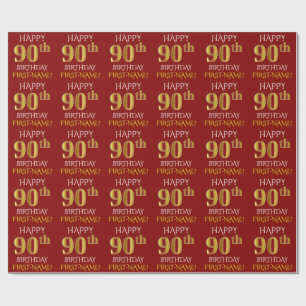 Red, Faux Gold "HAPPY 90th BIRTHDAY" Wrapping Paper