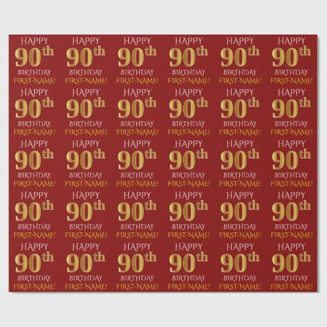 Red, Faux Gold "HAPPY 90th BIRTHDAY" Wrapping Paper (Flat)