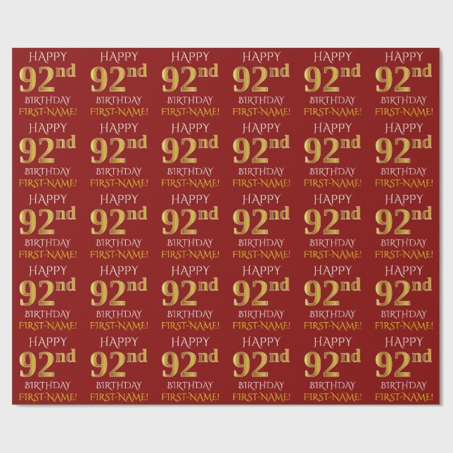 Red, Faux Gold "HAPPY 92nd BIRTHDAY" Wrapping Paper (Flat)