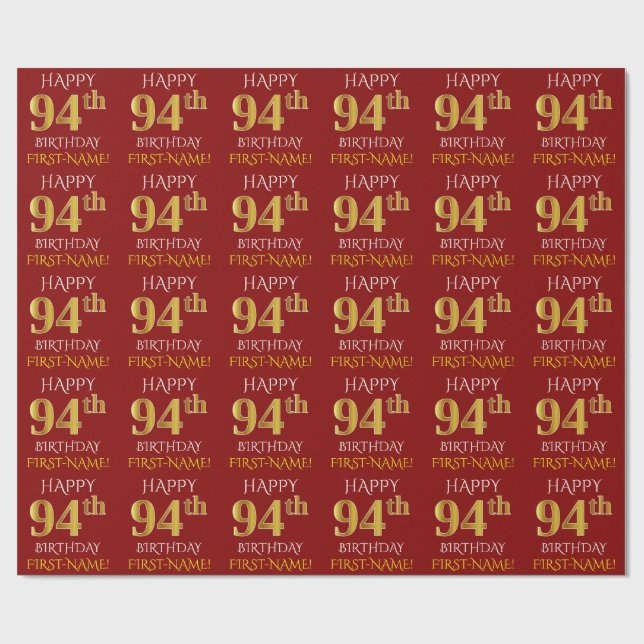 Red, Faux Gold "HAPPY 94th BIRTHDAY" Wrapping Paper (Flat)