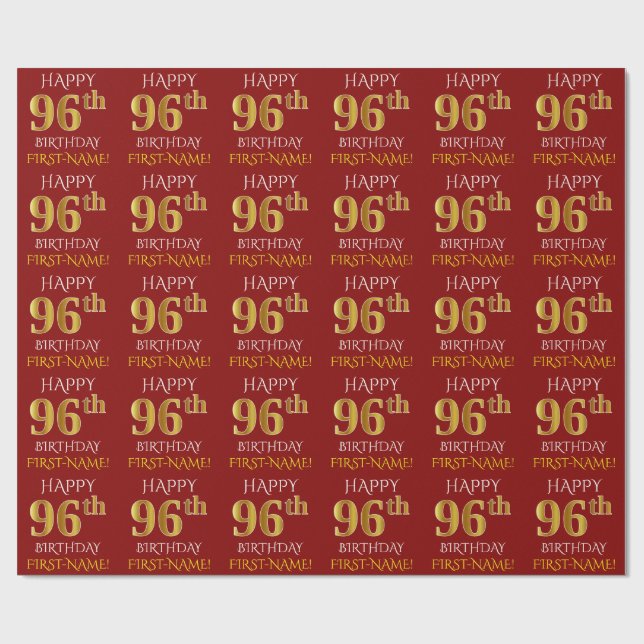 Red, Faux Gold "HAPPY 96th BIRTHDAY" Wrapping Paper (Flat)