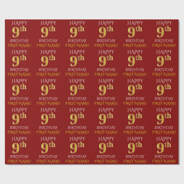 Red, Faux Gold "HAPPY 9th BIRTHDAY" Wrapping Paper (Flat)