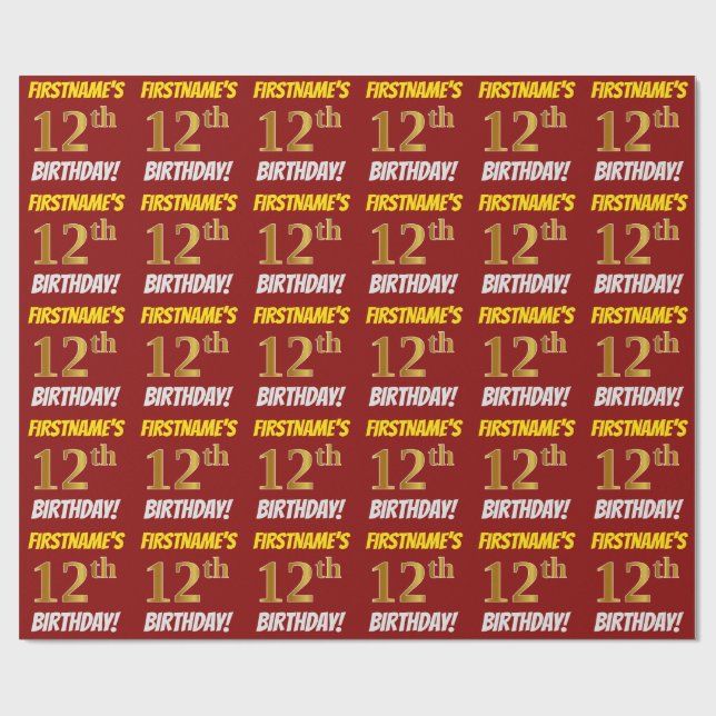Red, Faux/Imitation Gold, "12th BIRTHDAY" Wrapping Paper (Flat)
