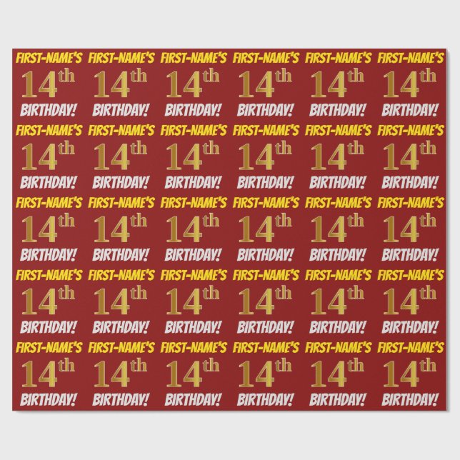 Red, Faux/Imitation Gold, "14th BIRTHDAY" Wrapping Paper (Flat)