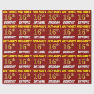 Red, Faux/Imitation Gold, "16th BIRTHDAY" Wrapping Paper