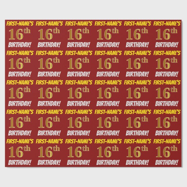 Red, Faux/Imitation Gold, "16th BIRTHDAY" Wrapping Paper (Flat)