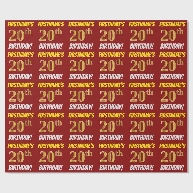 Red, Faux/Imitation Gold, "20th BIRTHDAY" Wrapping Paper (Flat)