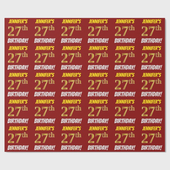 Red, Faux/Imitation Gold, "27th BIRTHDAY" Wrapping Paper (Flat)