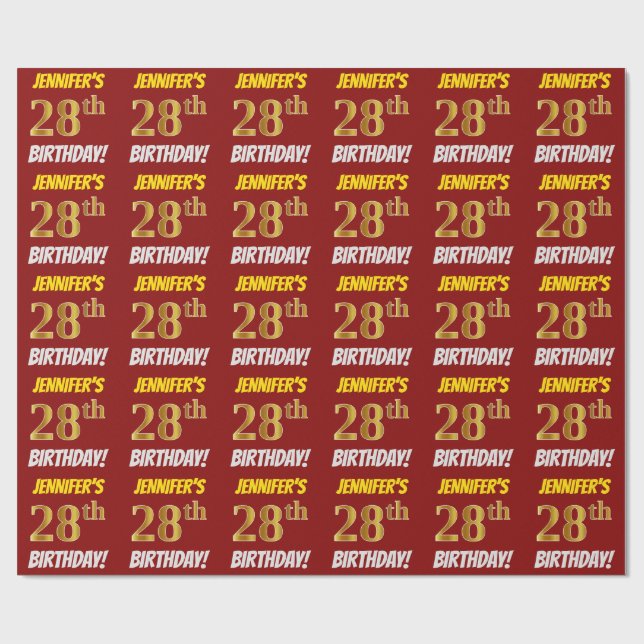 Red, Faux/Imitation Gold, "28th BIRTHDAY" Wrapping Paper (Flat)
