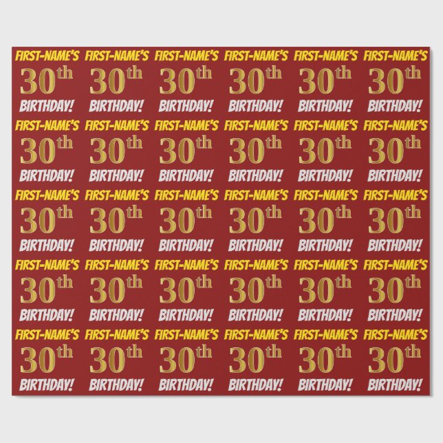 Red, Faux/Imitation Gold, "30th BIRTHDAY" Wrapping Paper (Flat)