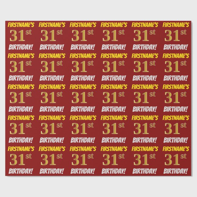 Red, Faux/Imitation Gold, "31st BIRTHDAY" Wrapping Paper (Flat)