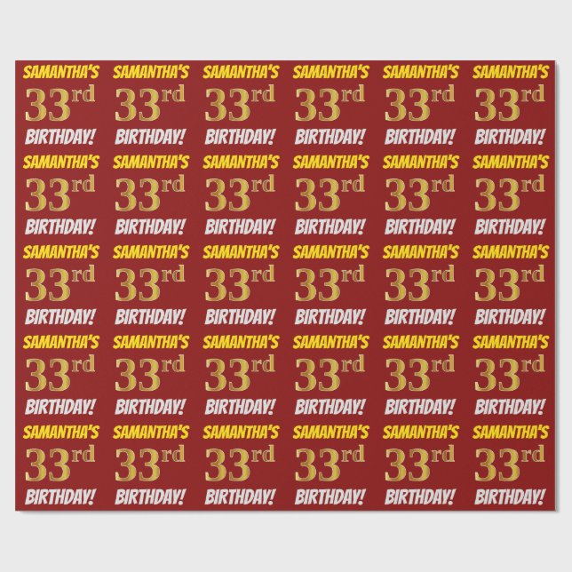 Red, Faux/Imitation Gold, "33rd BIRTHDAY" Wrapping Paper (Flat)