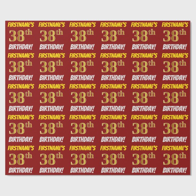 Red, Faux/Imitation Gold, "38th BIRTHDAY" Wrapping Paper (Flat)