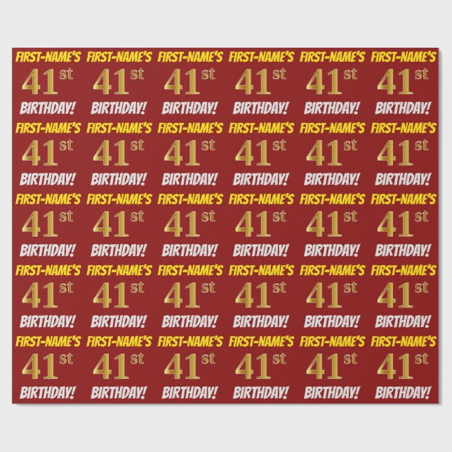 Red, Faux/Imitation Gold, "41st BIRTHDAY" Wrapping Paper (Flat)