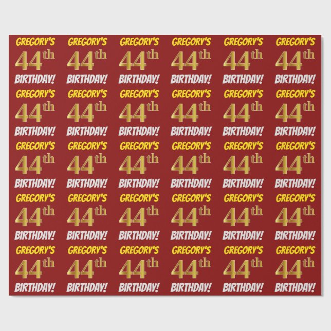 Red, Faux/Imitation Gold, "44th BIRTHDAY" Wrapping Paper (Flat)