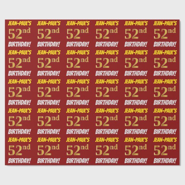 Red, Faux/Imitation Gold, "52nd BIRTHDAY" Wrapping Paper (Flat)