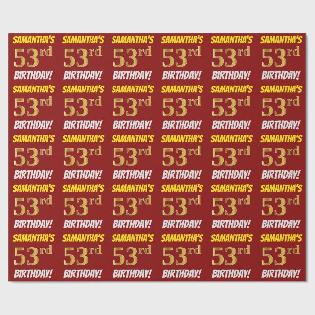 Red, Faux/Imitation Gold, "53rd BIRTHDAY" Wrapping Paper (Flat)