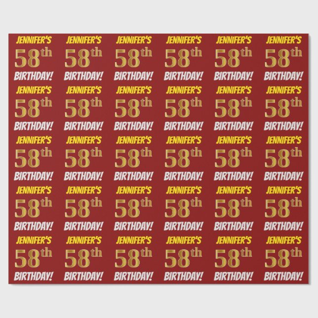 Red, Faux/Imitation Gold, "58th BIRTHDAY" Wrapping Paper (Flat)
