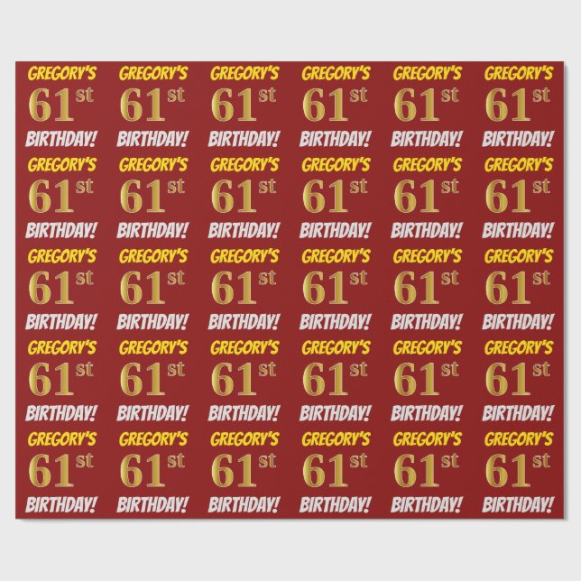 Red, Faux/Imitation Gold, "61st BIRTHDAY" Wrapping Paper (Flat)