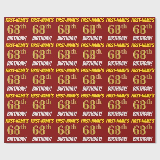Red, Faux/Imitation Gold, "68th BIRTHDAY" Wrapping Paper (Flat)