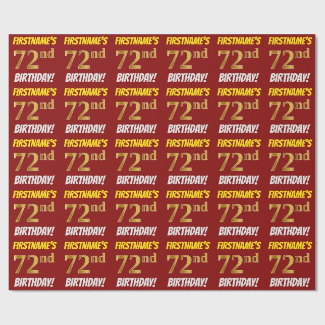 Red, Faux/Imitation Gold, "72nd BIRTHDAY" Wrapping Paper (Flat)