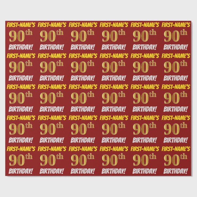 Red, Faux/Imitation Gold, "90th BIRTHDAY" Wrapping Paper (Flat)