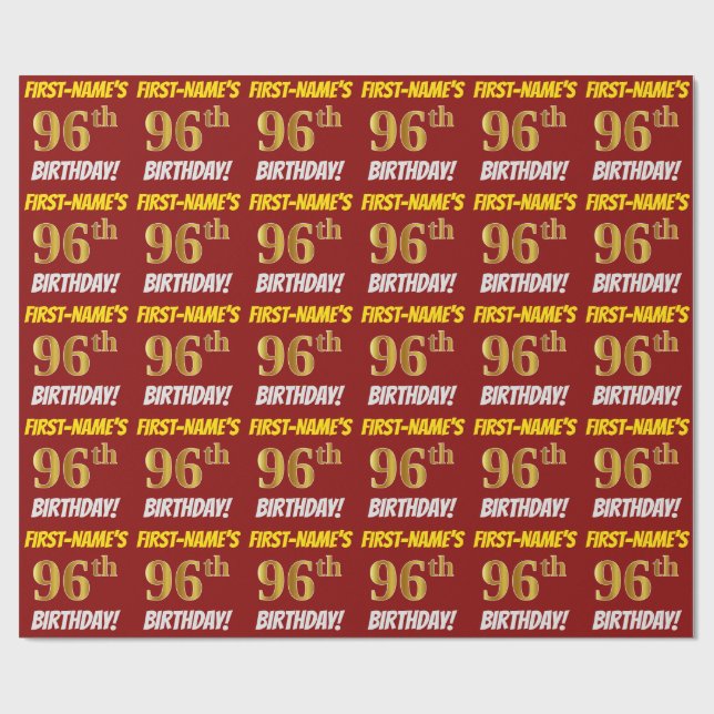 Red, Faux/Imitation Gold, "96th BIRTHDAY" Wrapping Paper (Flat)