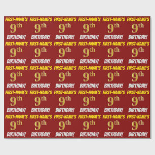 Red, Faux/Imitation Gold, "9th BIRTHDAY" Wrapping Paper