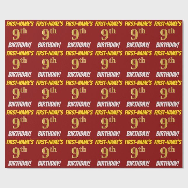 Red, Faux/Imitation Gold, "9th BIRTHDAY" Wrapping Paper (Flat)