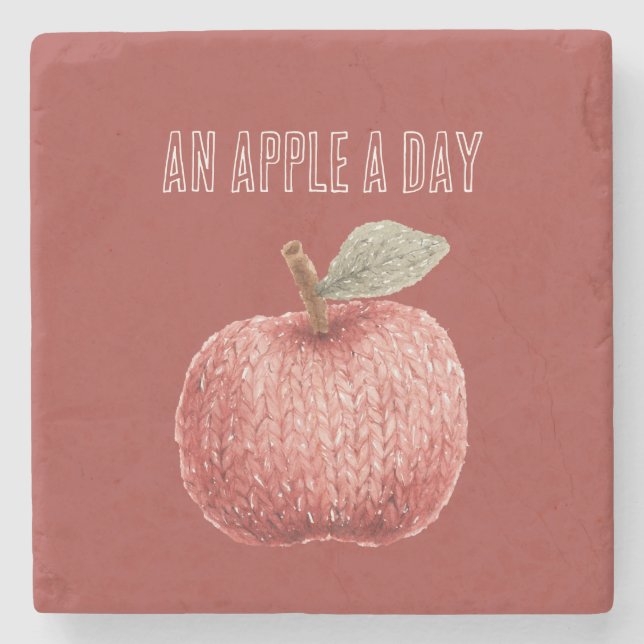 Red Faux Knit Apple A Day Fruit Stone Coaster (Front)