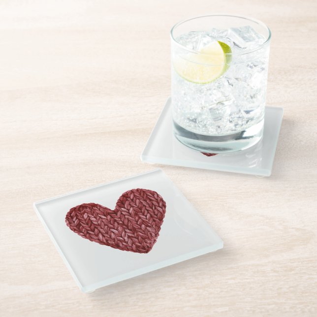 Red Faux Knit Heart Glass Coaster (Angled)