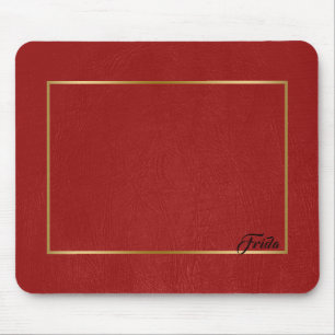 Red Faux Leather Gold Border Frame Mouse Mat