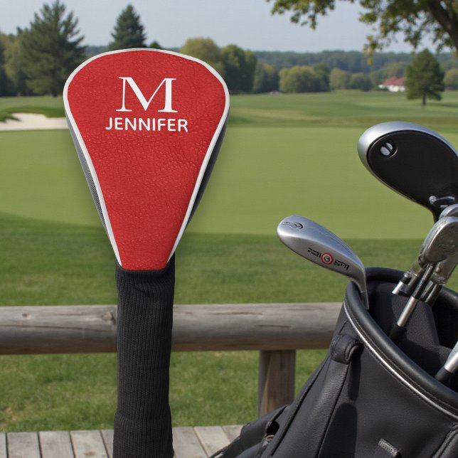 Red Faux Leather Monogram Name Golf Gift Head Cover (Creator Uploaded)