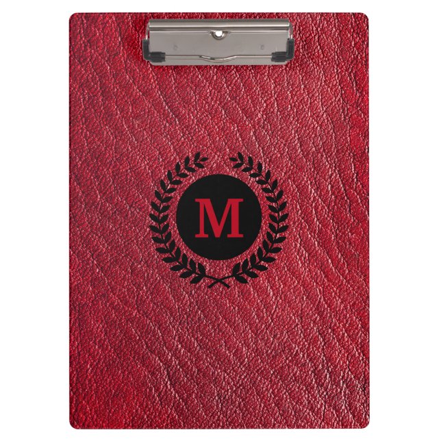Red Faux Leather with Laurel Wreath and Monogram Clipboard (Front)
