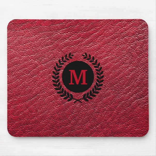 Red Faux Leather with Laurel Wreath Monogram Mouse Mat (Front)