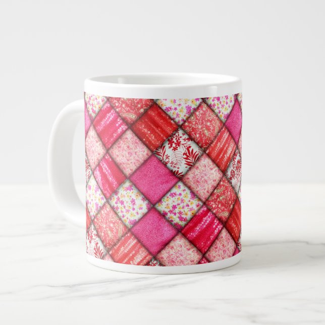 Red Faux Patchwork Quilting Pattern Large Coffee Mug (Front Left)