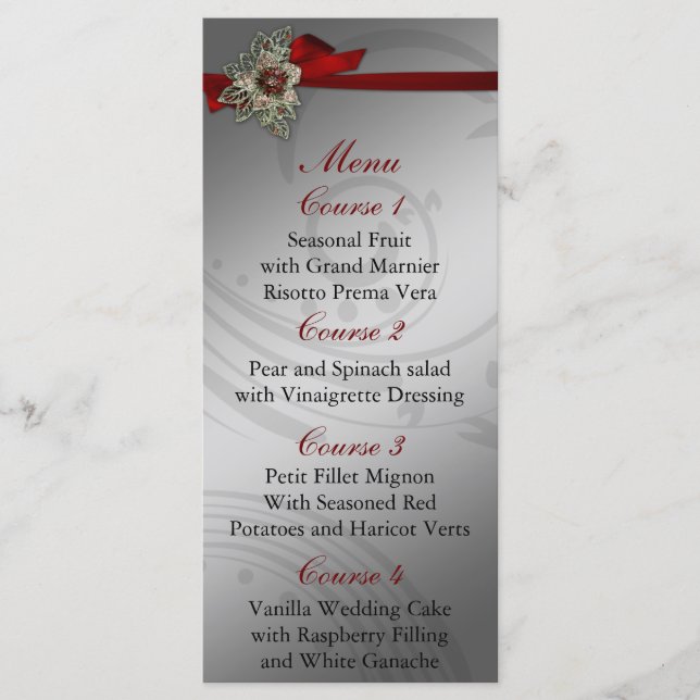 Red FAUX ribbon vintage brooch Wedding Menu (Front)