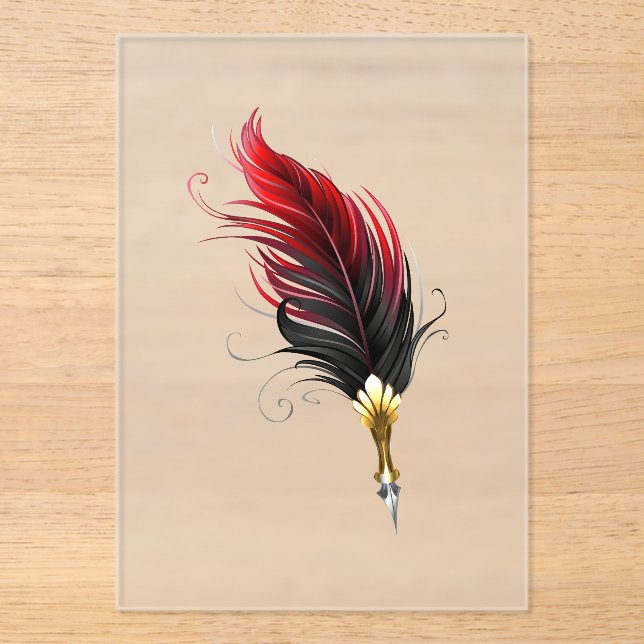 Red feather pen with gold nib acrylic invitations (Front)