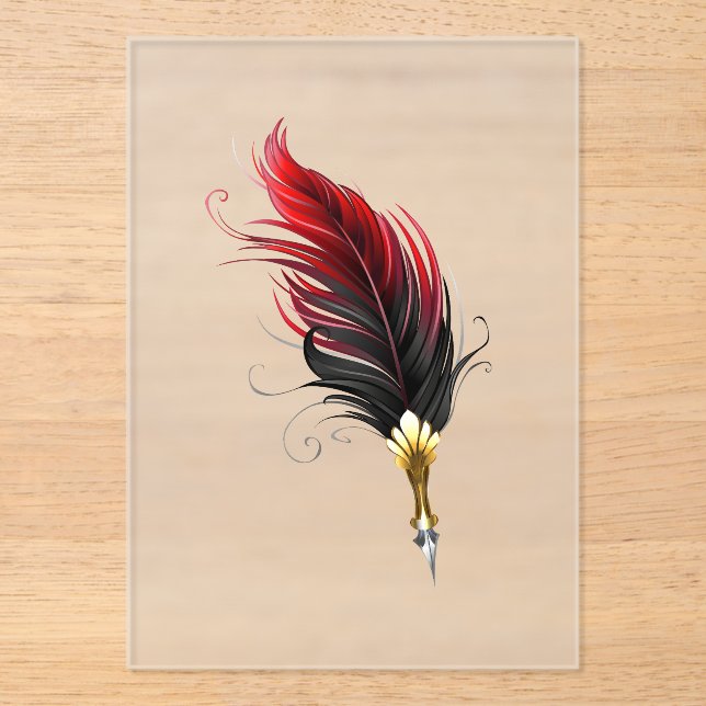 Red feather pen with gold nib acrylic invitations (Front)