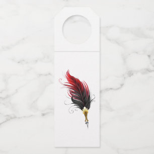 Red feather pen with gold nib bottle tag