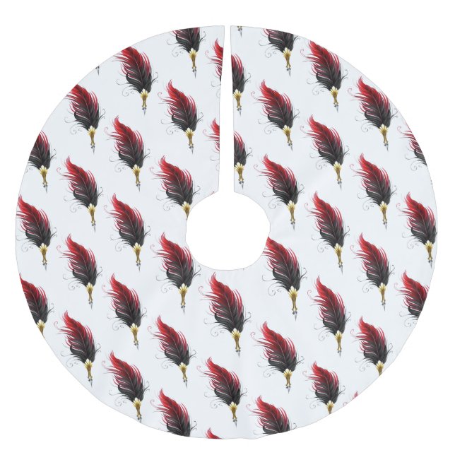 Red feather pen with gold nib brushed polyester tree skirt (Front)
