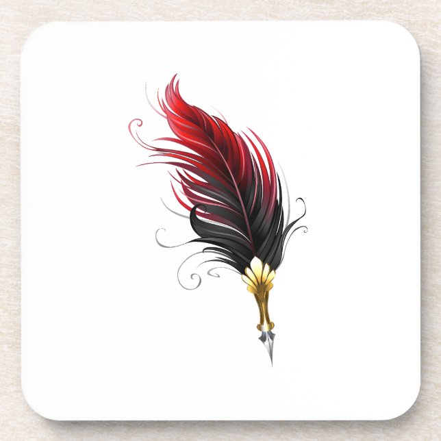 Red feather pen with gold nib coaster (Front)