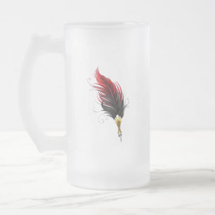 Red feather pen with gold nib frosted glass beer mug