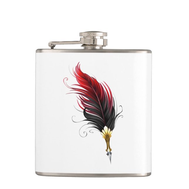 Red feather pen with gold nib hip flask (Front)