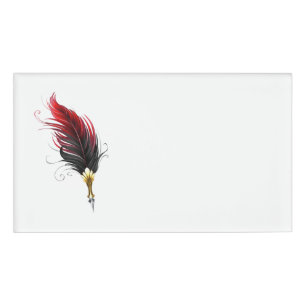 Red feather pen with gold nib name tag