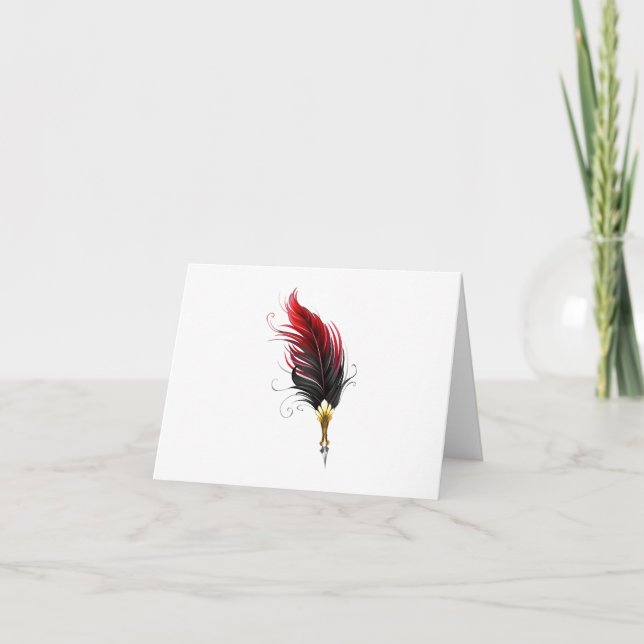 Red feather pen with gold nib note card (Front)