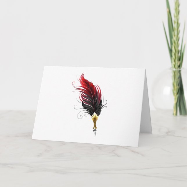 Red feather pen with gold nib note card (Front)